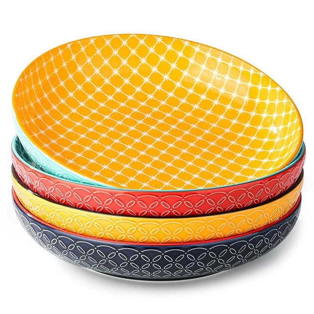 DOWAN 10" Vibrant Pasta, Salad & Soup Serving Bowls Set of 4, Embossed Large Porcelain Ceramic, Microwave & Dishwasher Safe, Bonita Design Dinnerware Dishes for Daily Dining, Family Gatherings, Party