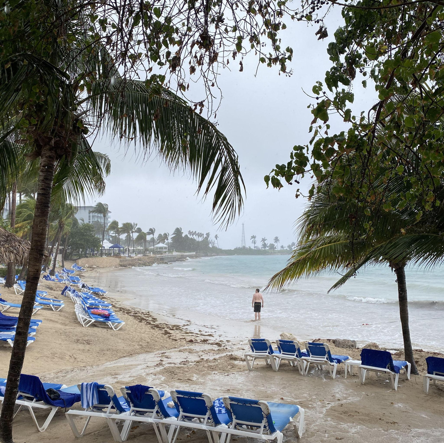 Mike in February 2024 venturing out into the ocean in Saint James, Jamaica during an active storm warning. The hotel staff were not happy with him.