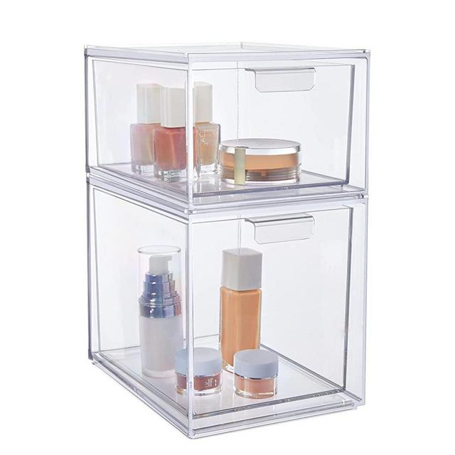 STORi Audrey Stackable Clear Plastic Organizer Drawers | 2 Piece Set | 4.5" and 6.75" Tall | Organize Cosmetics and Beauty Supplies on a Vanity | Made in USA