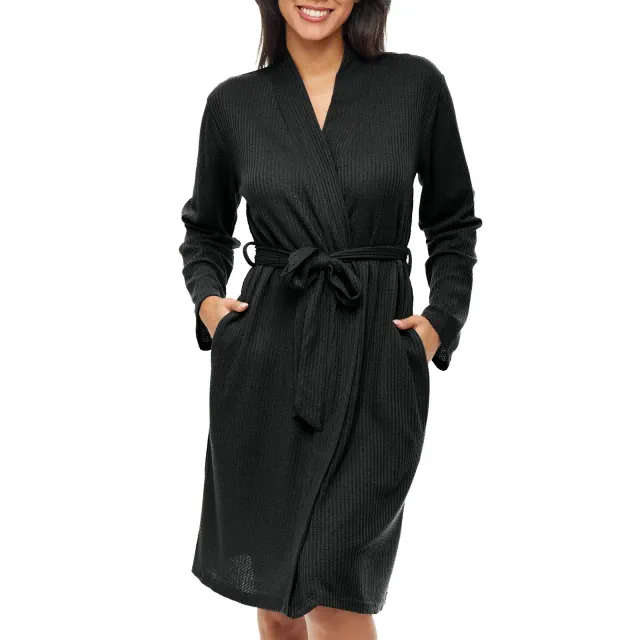 ADR Women's Ribbed Knit Wrap Robe with Pockets, Lightweight Bathrobe Black Small