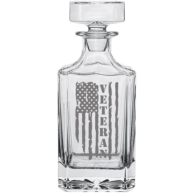 Rogue River Tactical Veteran American Tattered Flag USA Patriotic Whiskey Decanter With Glass Stopper Custom Gift For Men Dad Veteran Father's Day