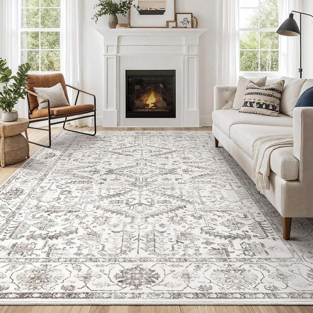 Area Rugs 9x12 for Living Room - Washable Soft Large Vintage Rug Non-Slip Stain Resistant Traditional Stain Resistant Indoor Floor Low Pile Carpet for Bedroom Dining Room or Home Office - White