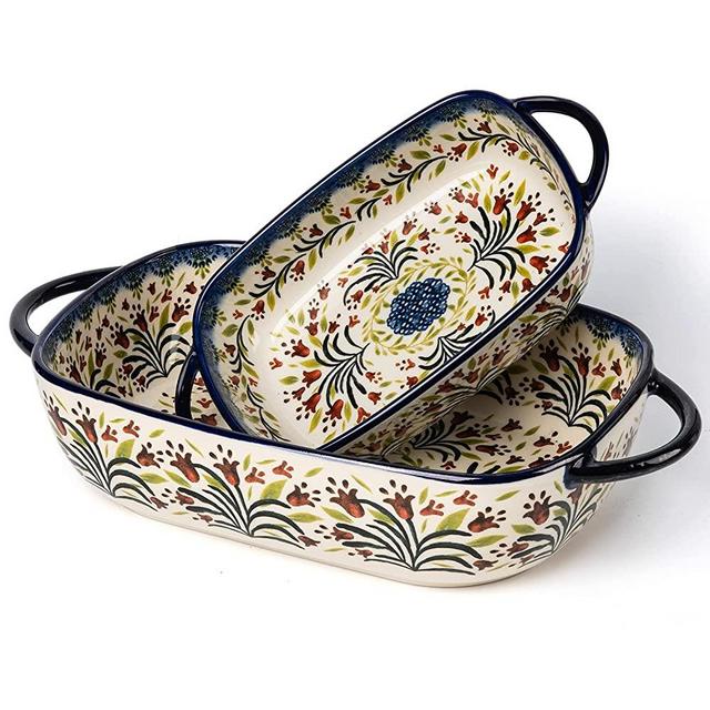 ONECCI Baking Dish Ceramic Baking Pan Blue Casserole Dish Rectangular Baking Set 2pcs Bakeware Sets Lasagna Pan Baking Dishes for oven (The tulip)
