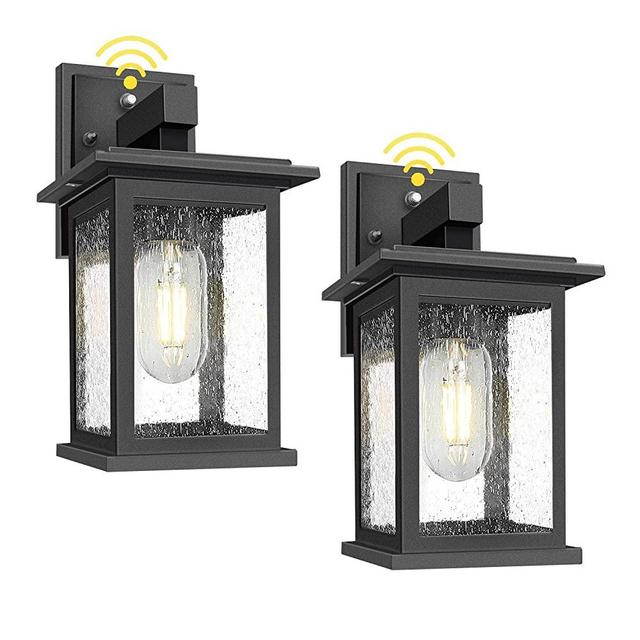 2-Pack Outdoor Wall Lanterns with Dusk to Dawn Sensor Photocell Exterior Porch Light Fixtures, Waterproof, Anti-rust, Matte Black Outside Wall Sconces with Seeded Glass for Entryway Garage, E26 Socket