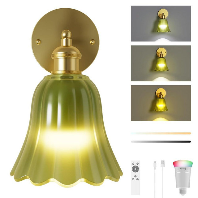 FULEN Battery Operated Wall Sconce with Green Tulip Glass Lampshade Wireless Sconces 10000mAh Rechargeable Battery Powered Wall Light with Remote Control for Vintage Decor Bedside Bedroom Livingroom