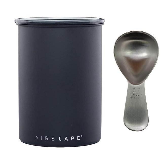 Airscape Stainless Steel Coffee Canister & Scoop Bundle - Food Storage Container - Patented Airtight Lid Pushes Out Excess Air - Preserve Food Freshness (Medium, Matte Black & Brushed Steel Scoop)