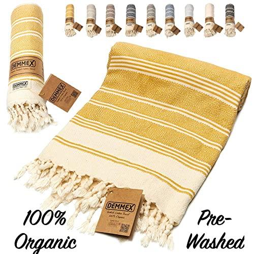 DEMMEX Oeko-TEX Certified 100% Organic Cotton & Organic Dye Prewashed XL Diamond Weave Turkish Towel Peshtemal Blanket for Bath,Beach,Pool,SPA,Gym,71x39 Inches (Mustard)