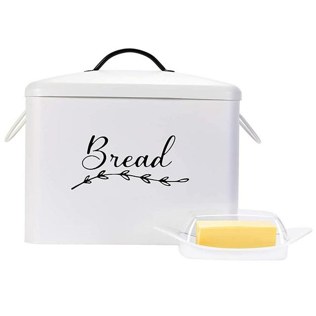 Farmhouse Bread Box for Kitchen Countertop – White, Metal Bread Box with Handles and Complimentary Butter Dish with Lid Offer Easy Organization – Rustic Home Decor by Home & Abode, 13.25x12.5x7.5inch.