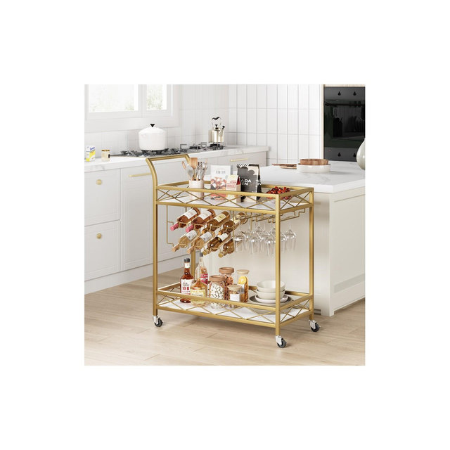 Whizmax 2 Tier Bar Carts for The Home, Bar Carts with 4 Wheels for Kitchen, Living Room, Dining Room, Gold