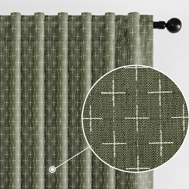 MIULEE Decorative Back Tab Linen Curtains with Geometric Pattern for Living Room Bedroom Farmhouse Rustic Thick Woven Textured Patterned Mudcloth Drapes 90 Inch Long 2 Panels Set, Olive Green