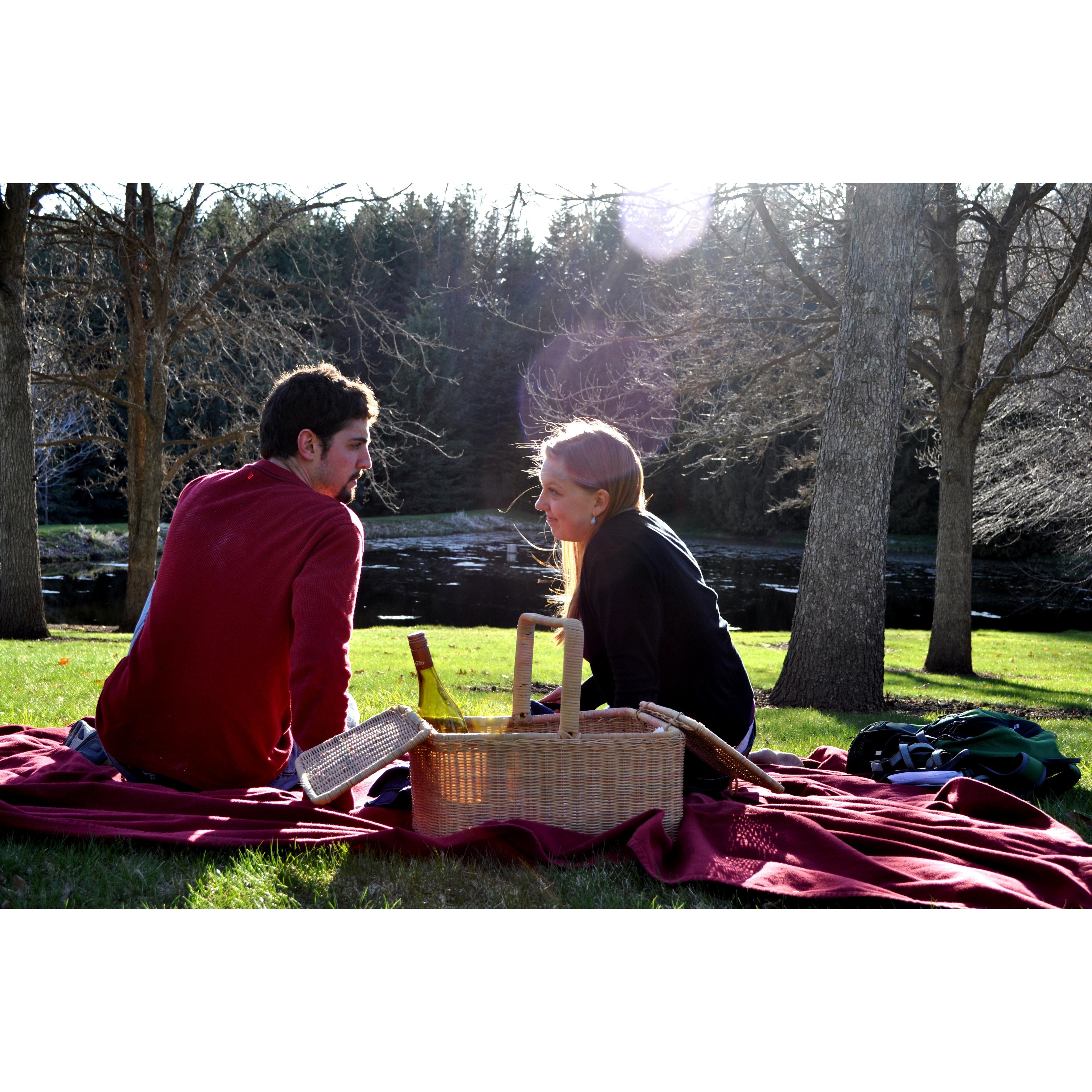 A picnic--and jokes--in the park. The New Arboretum at the University of Idaho.