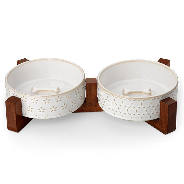 MALACASA Dog Bowl Set with Walnut Wood Stand, 1.5 Cups Ceramic Pet Bowls for Puppy Dogs, Dual Food and Water Bowls with Non-Slip Base, Basic Bowls for Your Dog or Cat, Five-Leaf Grass & Honeycomb