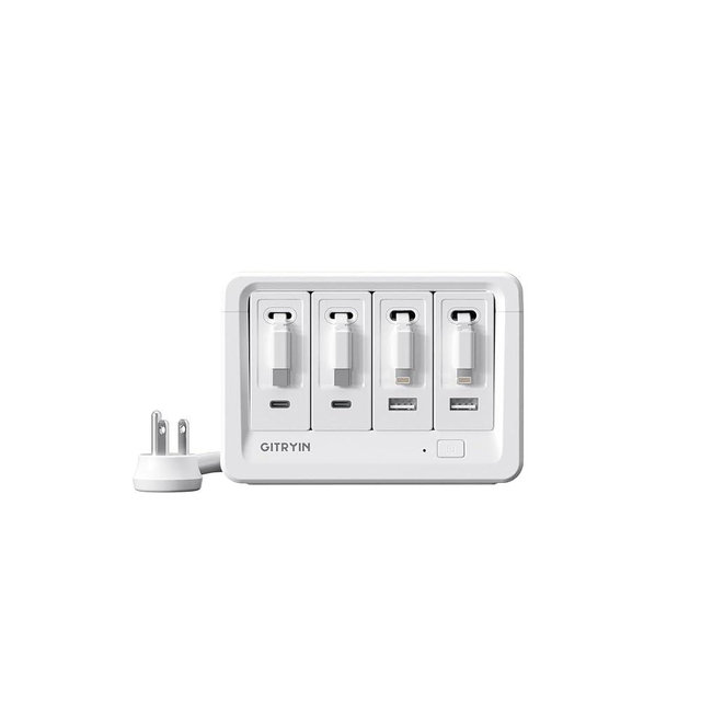 Gitryin 2 Lightning, 2 Type-C Retractable Wall Chargers with 2 USB A Ports and 1 Power Strip, 12-in-1 Desktop Charging Station