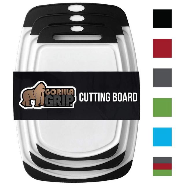 Gorilla Grip Original Reversible Cutting Board (3-Piece) BPA Free, Dishwasher Safe, Juice Grooves, Larger Thicker Boards, Easy Grip Handle, Non Porous, Extra Large, Kitchen (Set of Three: Black)