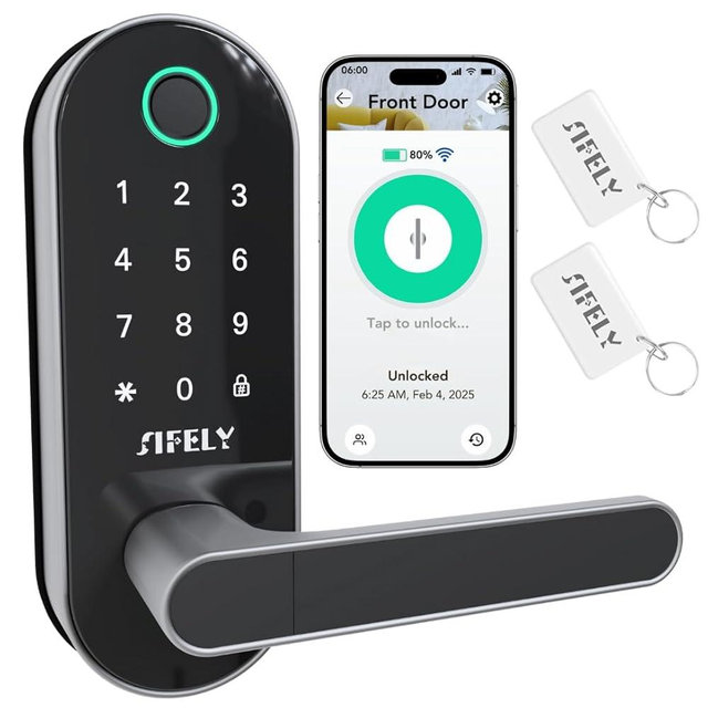 Built-in WiFi Fingerprint Smart Door Lock with Handle & Keypad – Remote Access & Auto-Lock, Keyless Entry for Home, Airbnb & Rental, 6-in-1 Unlock: Code/Card/App/Key, Compatible with Alexa & Google