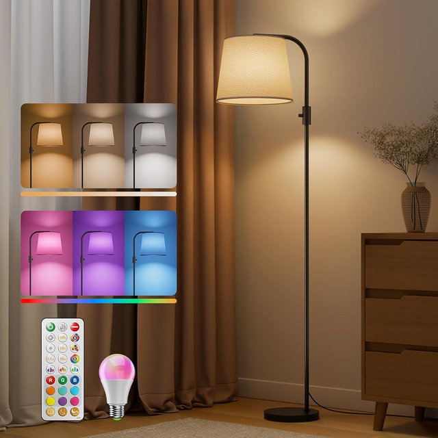 VARICART Dimmable Arc Floor Lamp, 1200 Lumens RGBCW Color Change Bulb Included, Standing Lamp with Linen Shade, 65" Tall Lamp with Remote for Living Room, Bedroom, Office, Dining Room, Kitchen, Black