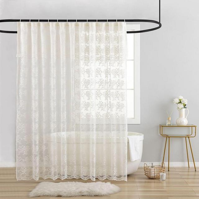 TUDECO Ivory Lace Shower Curtain with Attached Valance, Knitted Rustic Floral Vintage Shower Curtain for Bathroom, Scalloped Edge Reinforced Holes Top Sheer Shower Curtain, 72 x 72 Inch, 1 Panel