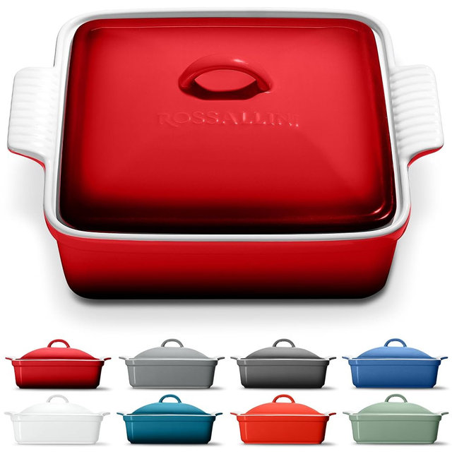 ROSSALLINI Stoneware Casserole Dish Bakeware with Lid | Covered Square Dinnerware | Large 2.5 Quart, [Deep Red]