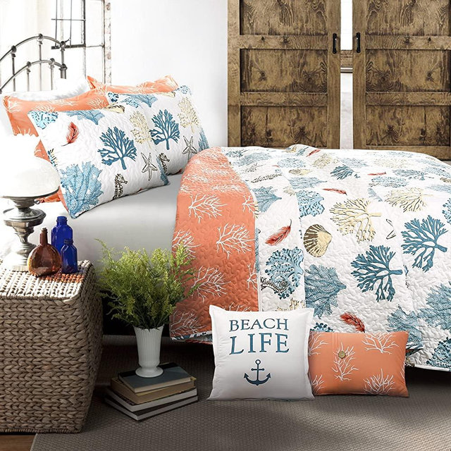 Lush Decor 7 Piece Coastal Reef Feather Quilt Set, King, Blue & Coral