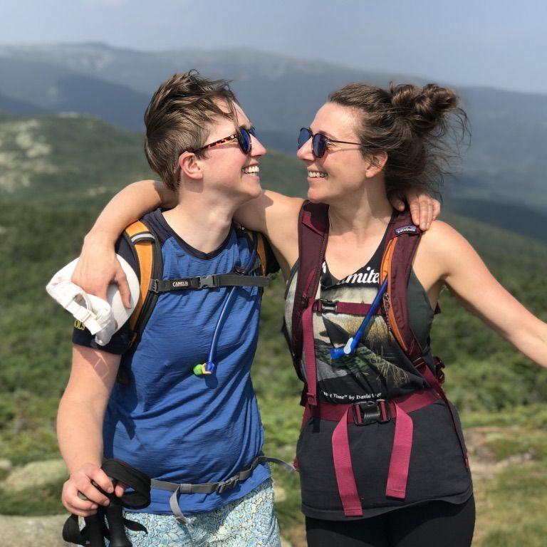 Our friend Sherri snapped this cute pic of us during our epic Presidential Traverse in New Hampshire in July 2019