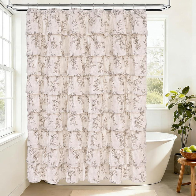 Yinhua Farmhouse Floral Shower Curtain, Extra Long Brown Ruffle Shower Curtains for Bathroom, French Country Bath Curtain Waterproof Washable, 72 Wx84 L
