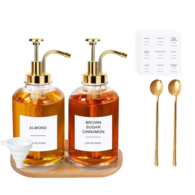 Glass Coffee Syrup Dispenser 2 Pack, 16.9oz with Pump and Bamboo Tray | Glass coffee syrup dispenser 2 pack, 16.9oz with pump. Includes bamboo tray, spoons, 36 labels. Great for coffee bar.