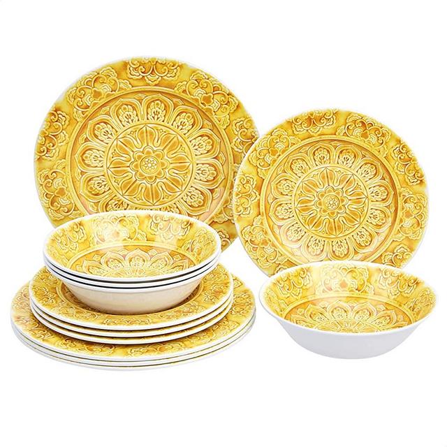 Amazon Basics Melamine Dinnerware Set, Service for 4, Faded Glaze Yellow - Set of 12