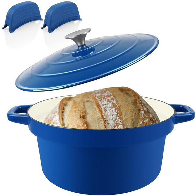 CUKOR 7QT Dutch Oven Pot With Lid,Ceramic Dutch Ovens for Sourdough Bread Baking,Enameled Cast Iron Bread Cooking Pot,Non-Stick,Oven Safe,Blue (10 Pcs Bread Paper Liners)