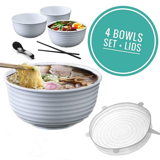 Vallenwood: 4 Noodle Bowl (16 pieces) Melamine White Large Ramen Bowls Set. Asian Chinese Japanese or Pho Soup 46 oz. With Spoons, Chopsticks And Silicone Stretch Lids Like A Gift. Thai Miso Udon.