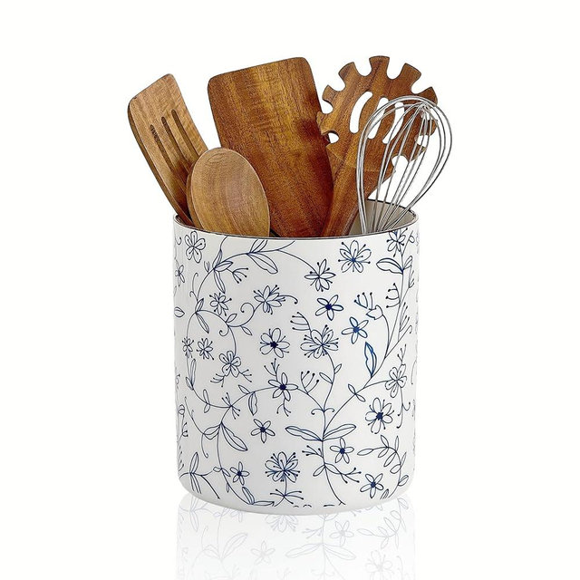 Swuut 7.2'' Kitchen Utensil Holder – Farmhouse Ceramic Countertop Organizer with Cork Mat, Utensils Crock for Cooking Tools Spatula, Flowers, or Wine Chiller Kitchen Counter Deco (Blue and White)