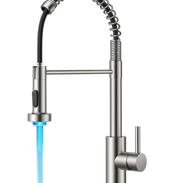 FORIOUS LED Kitchen Faucet with Pull Down Sprayer, Brushed Nickel Modern Single Handle Stainless Steel Commercial Spring Sink Faucet with LED Light for Pot Filler, Farmhouse Camper Bar Laundry Room