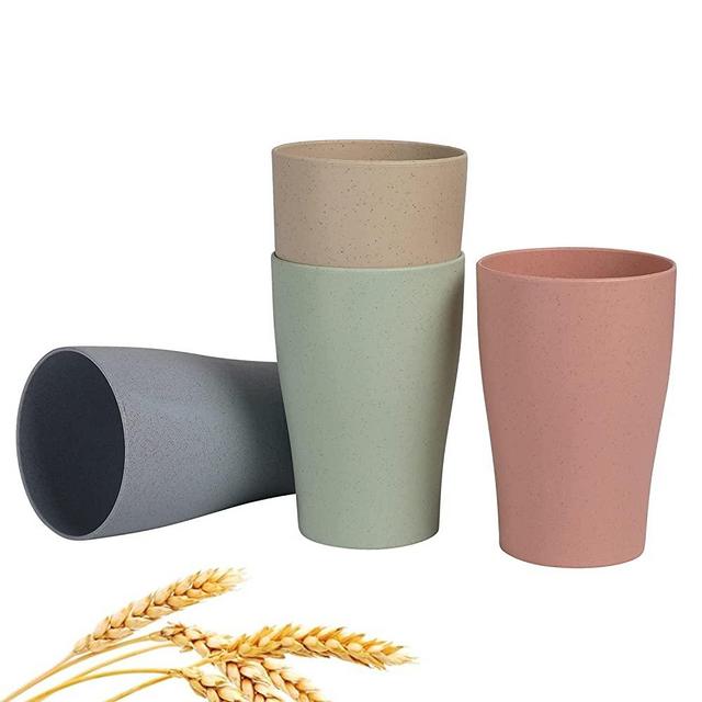 WANBY Wheat Straw Cup 4 Pcs 11OZ Unbreakable and Reusable Drinking Cups Eco-Friendly Healthy Tumbler Set for Milk Juice and Water Dishwasher Safe