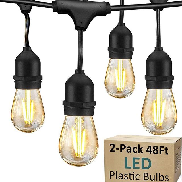 2 Pack LED Outdoor String Lights for Patio - 48FT Commercial Waterproof Strand Patio String Lights, Hanging 2W Dimmable Edison Vintage Plastic Bulbs - Heavy-Duty Patio Lights for Backyard