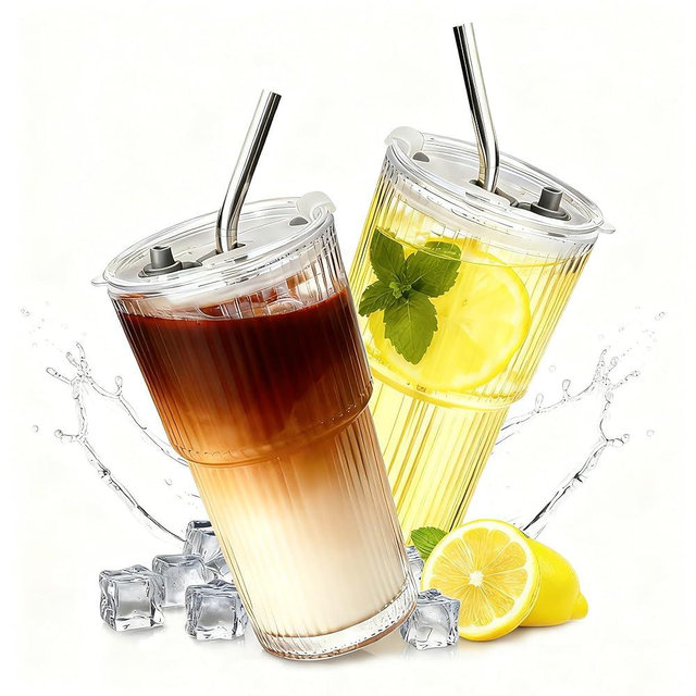 2 Packs Ribbed Glass Tumbler with Lid and Straw 16 oz Cute Ice Coffee Cup Set for Smoothie Juice Matcha Tea Latte Cappuccino Espresso Hot Coffe Water Reusable Clear Travel Mug Aesthetic Drinking Mug