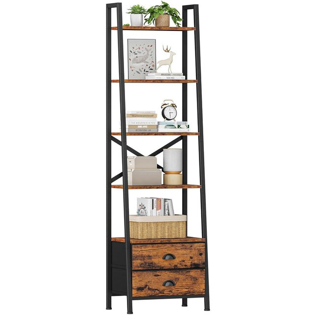Furologee 5-Tier Ladder Shelf with 2 Drawers,Narrow Bookshelf Storage Shelves,Industrial Bookcase Freestanding Shelf Units for Bedroom,Living Room,Bathroom,Home Office,Balcony,Wood Metal,Rustic Brown