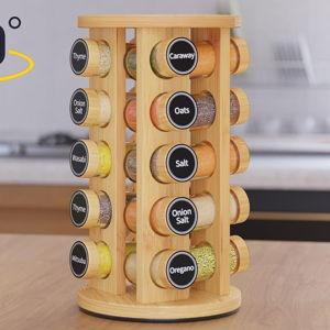 New England Stories Revolving Spice Rack Set with 20 Spice Jars, Kitchen - Carousel Storage Includes 386 Spice Labels (Bamboo)
