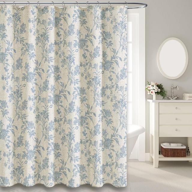 WOUVMA Blue Shower Curtain Floral Cotton Linen Cottagecore Shower Curtain for Bathroom 72" L x 60" W
