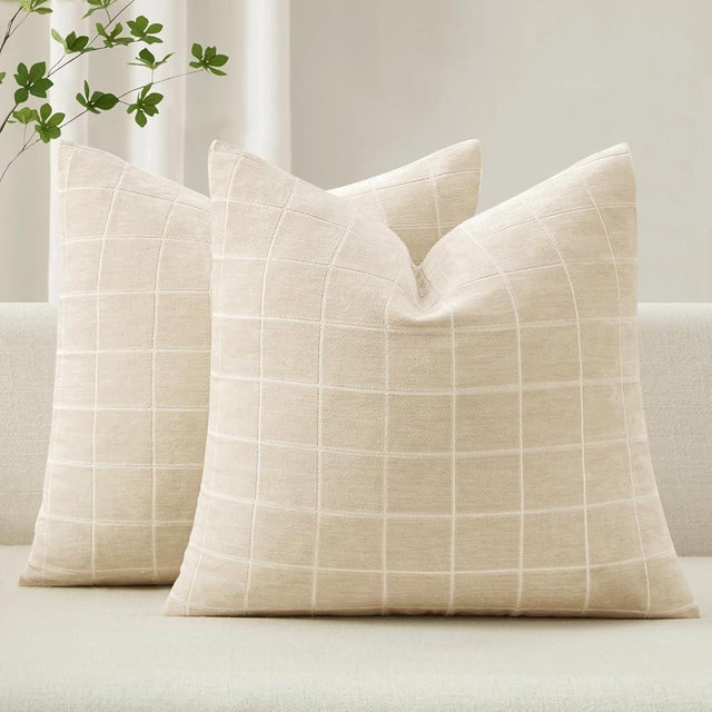 MIULEE Decorative Chenille Check Throw Pillow Covers Vintage Plaid Couch Pillows 20x20 Inch Set of 2 Neutral Boho Farmhouse Cushion Covers Modern Home Decor for Sofa Bed Living Room Beige