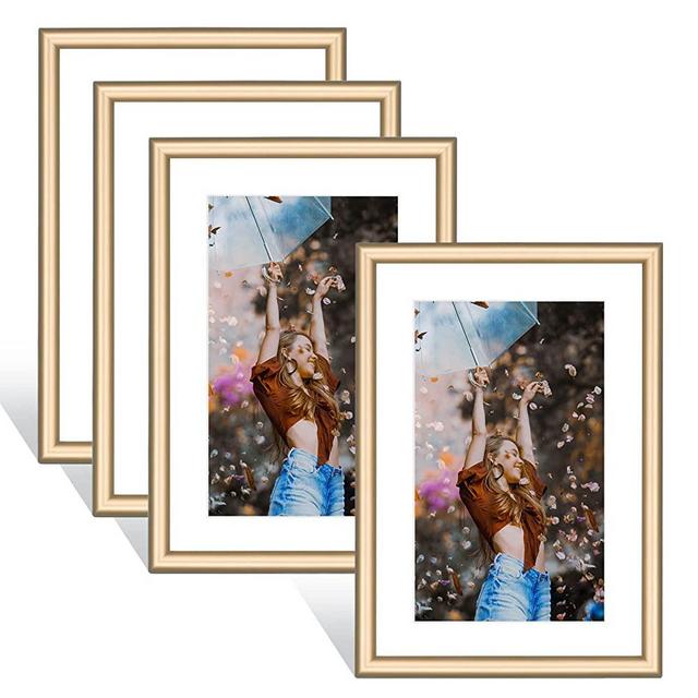 4x6 Picture Frame Thin Modern Metal Set of 4 - Brass Aluminum Floating Frames Display 3x5 Photo with Mat or 4 X 6 Photos without Mats, Fits Horizontal & Vertical for Desktop and Wall Hanging (4 Pack)