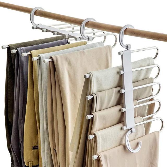 SOSOPIN Space Saving Pants Hangers Non-Slip Clothes Organizer 5 Layered Pants Rack for Scarf Jeans Trousers (White, 8 Pcs)