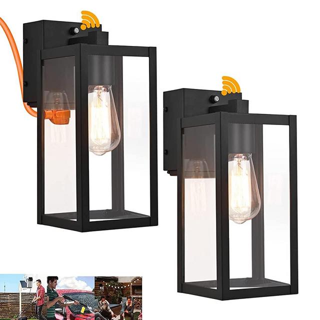 Outdoor Lights with GFCI Outlet, Dusk to Dawn Wall Lantern Porch Light Fixtures Waterproof Exterior Wall Sconce, Auto On/Off Black Wall Lights for House Garage House Outside Garage, 2-Pack