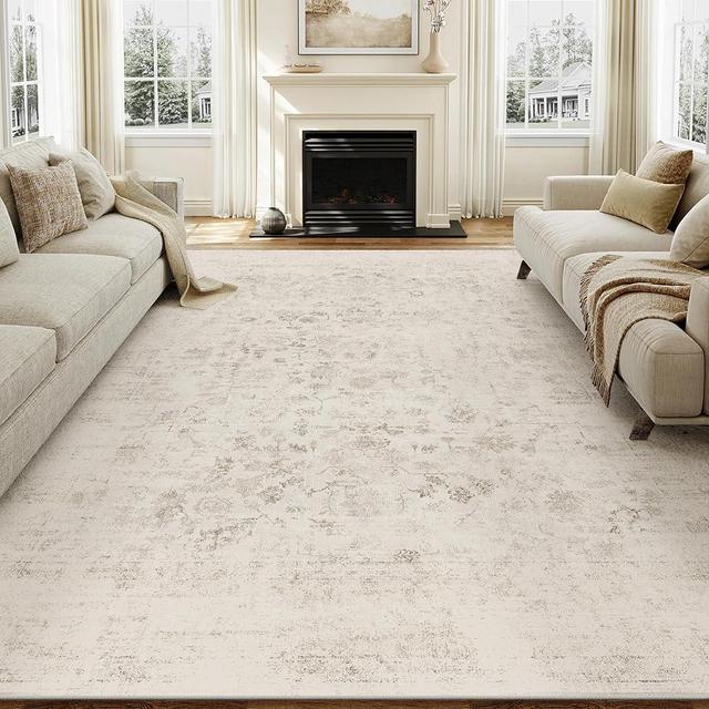 HUGEAR 6x9 Living Room Rugs Light Brown Machine Washable Area Rug Retro Floral Vintage Low Pile Carpet Lightweight Distressed Throw Large Rugs for Bedroom Office Dining Laundry Non Slip
