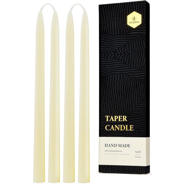 12 inch Organic Beeswax Taper Candles 4 Pack - Dripless Candle, Natural Beeswax Candle, 9+ Hours Long Burning Time -Off White