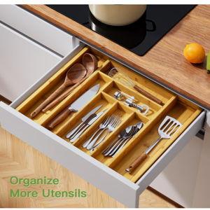 Pipishell Bamboo Expandable Silverware Drawer Organizer, Adjustable Kitchen Utensil Tray for Forks, Spoons and Knives, Wood Storage Cutlery Holder for Bedroom and Living Room