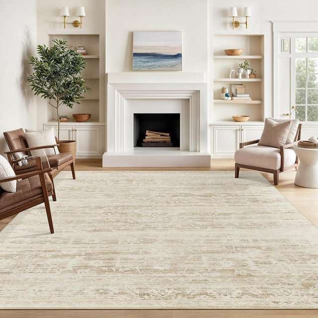 Soalmost 8x10 Area Rugs for Living Room, Stain Resistant Neutral Washable Rugs for Dining Room, Floral Vintage Non-Slip Thin Large Size Area Rug Beige Ivory