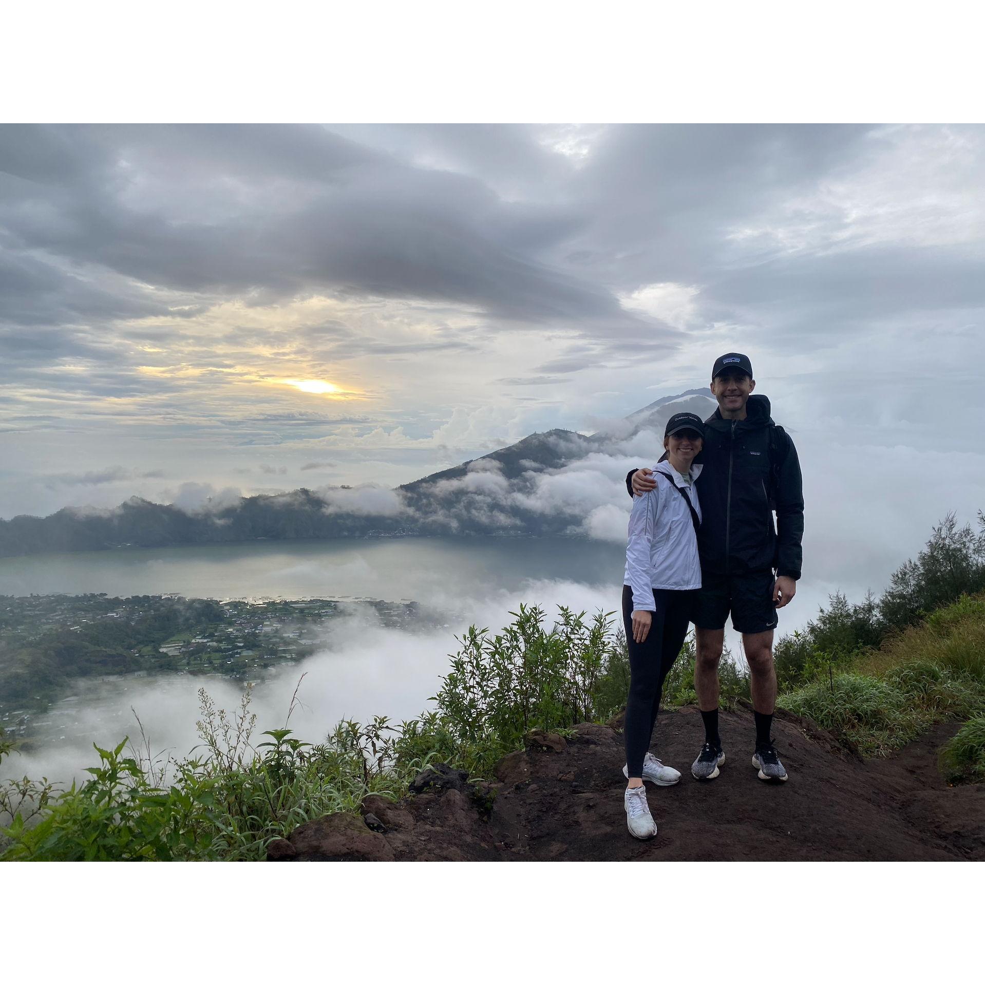 At the top of Mount Batur at sunrise.