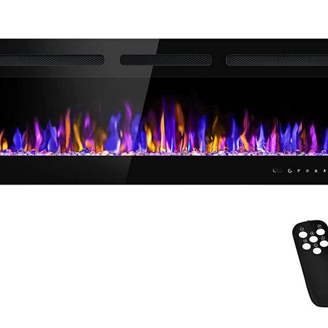BETELNUT 50" Electric Fireplace Wall Mounted and Recessed with Remote Control, 750/1500W Ultra-Thin Wall Fireplace Heater W/ Timer Adjustable Flame Color and Brightness, Log Set & Crystal Options