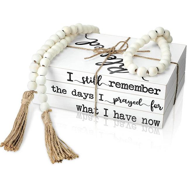 4 Pcs Decorative Books White Faux Books for Decoration I Still Remember The Days I Prayed Farmhouse Book Decor Stacked Display Books with Wood Bead Tassels for Coffee Tables Home Decor