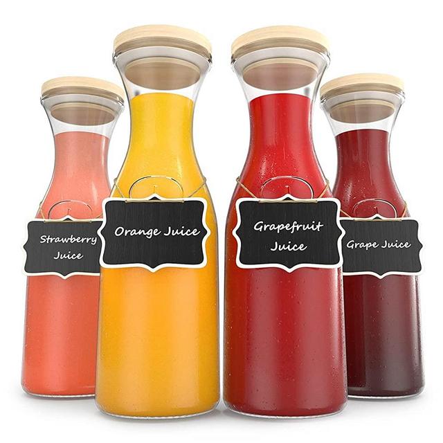 4 Pack Glass Carafe Pitchers with Lid and Tag, 1 Liter Water Iced Tea Beverage Pitcher Set, Milk Juice Container for Refrigerator, Glass Juice Pitcher for Lemonade Drink Brunch Decor Mimosa Bar Party