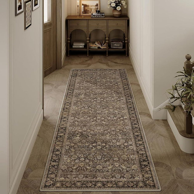 HUGEAR 2x6 Runner Rug Machine Washable Brown Hallway Area Rugs Indoor Accent Rugs Floral Mid Pile Carpet Distressed Soft Thicker Throw Rug Bedroom Office Dining Kitchen Laundry Non Slip